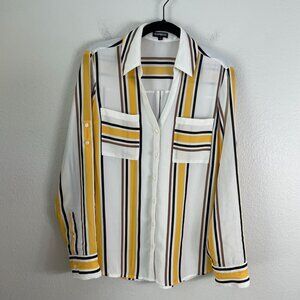 Express Womens Medium Roll Tab Sleeve Shirt Button Up Striped Pocket Blouse Top